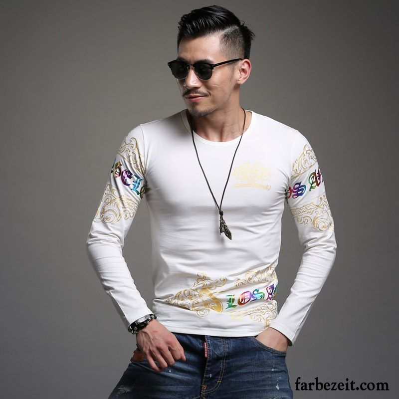 Shirts Ausschnitt Herren T-shirts Sport Lange Ärmel Allgleiches Chinesischer Stil Unteres Hemd Drucken Schlank Mode Rabatt