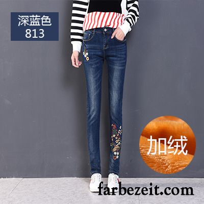 Skinny Jeans Damen Zerrissen Warme Verdickung Hose Neu Jeans Hohe Taille Winter Dünn Trend Bleistift Hose Schmales Bein Plus Samt Stickerei Sale