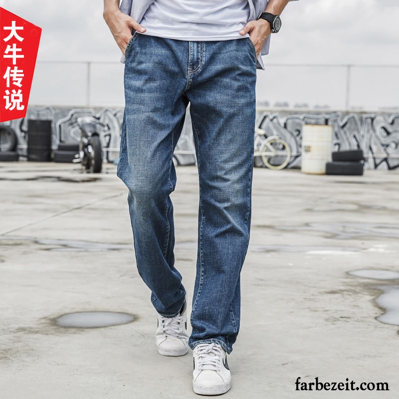 Skinny Low Jeans Herren Gerade Weites Bein Blau Herbst Jeans Elastisch Groß Lose Freizeit Große Größe Winter