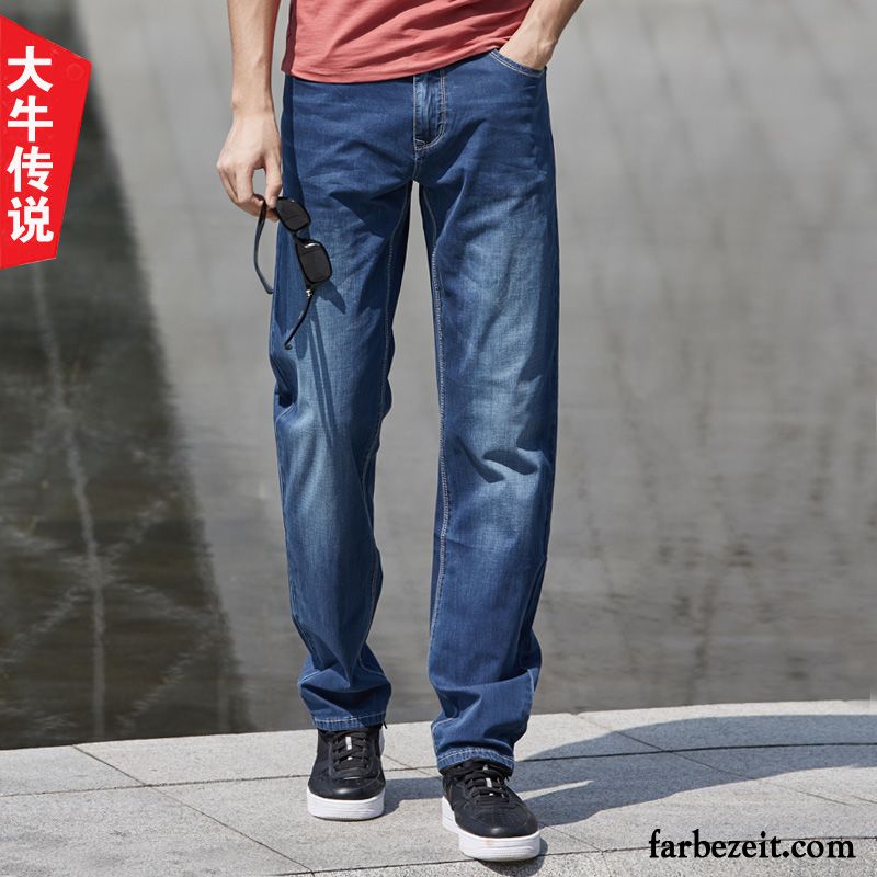 Skinny Low Jeans Herren Gerade Weites Bein Blau Herbst Jeans Elastisch Groß Lose Freizeit Große Größe Winter