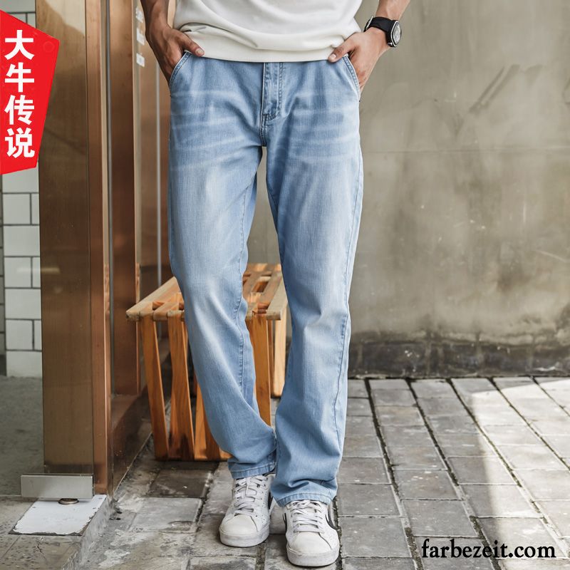 Skinny Low Jeans Herren Gerade Weites Bein Blau Herbst Jeans Elastisch Groß Lose Freizeit Große Größe Winter