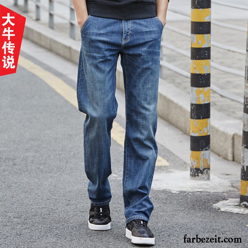 Skinny Low Jeans Herren Gerade Weites Bein Blau Herbst Jeans Elastisch Groß Lose Freizeit Große Größe Winter