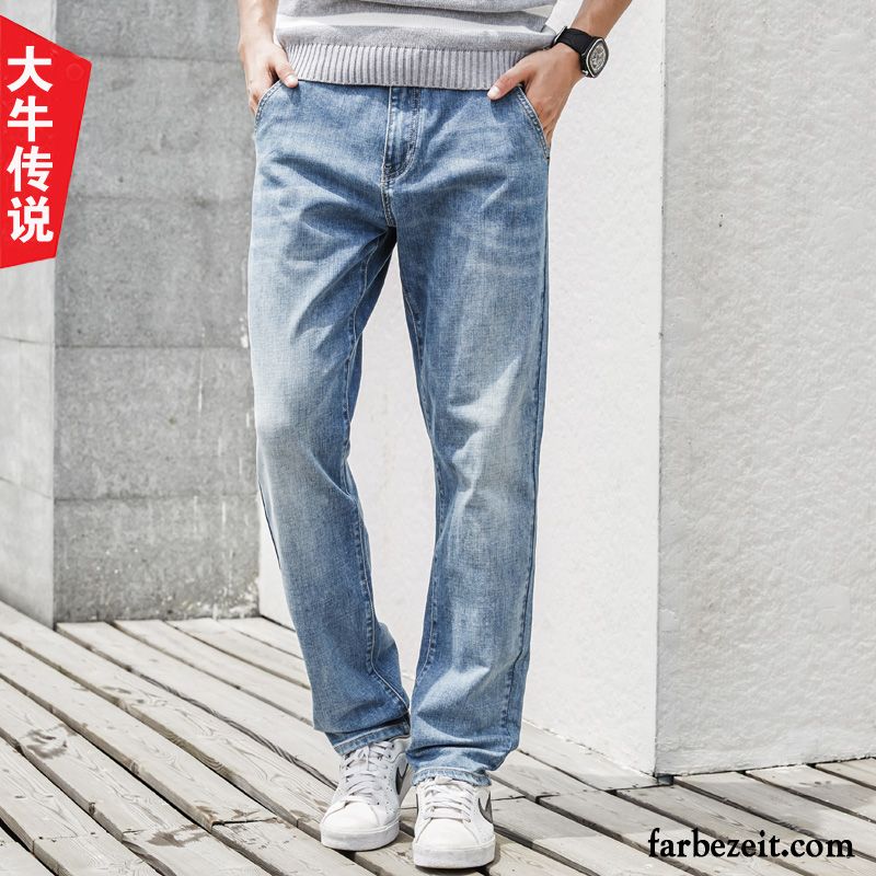 Skinny Low Jeans Herren Gerade Weites Bein Blau Herbst Jeans Elastisch Groß Lose Freizeit Große Größe Winter