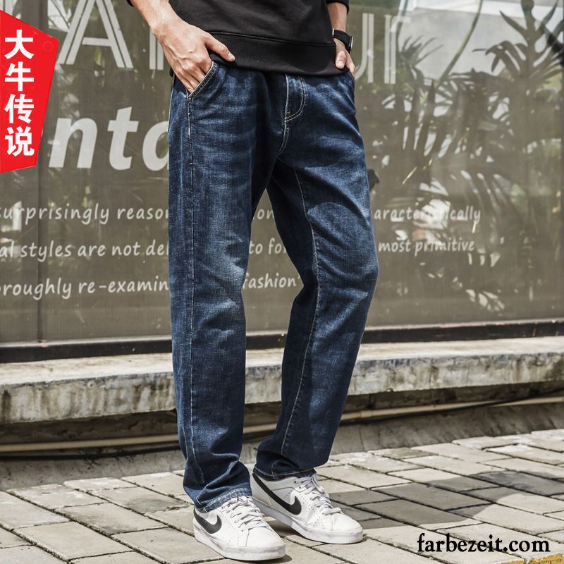 Skinny Low Jeans Herren Gerade Weites Bein Blau Herbst Jeans Elastisch Groß Lose Freizeit Große Größe Winter