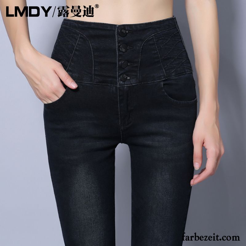 Slim Fit Jeans Damen Jeans Hose Große Größe Hohe Taille Winter Herbst Dünn Plus Samt Schwarz Elastisch Kaufen