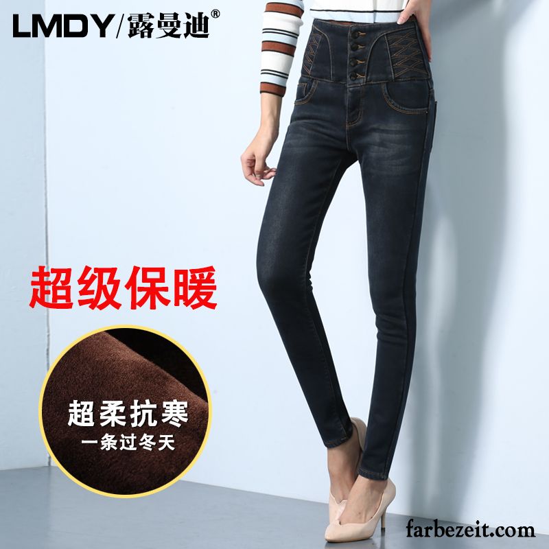 Slim Fit Jeans Damen Jeans Hose Große Größe Hohe Taille Winter Herbst Dünn Plus Samt Schwarz Elastisch Kaufen