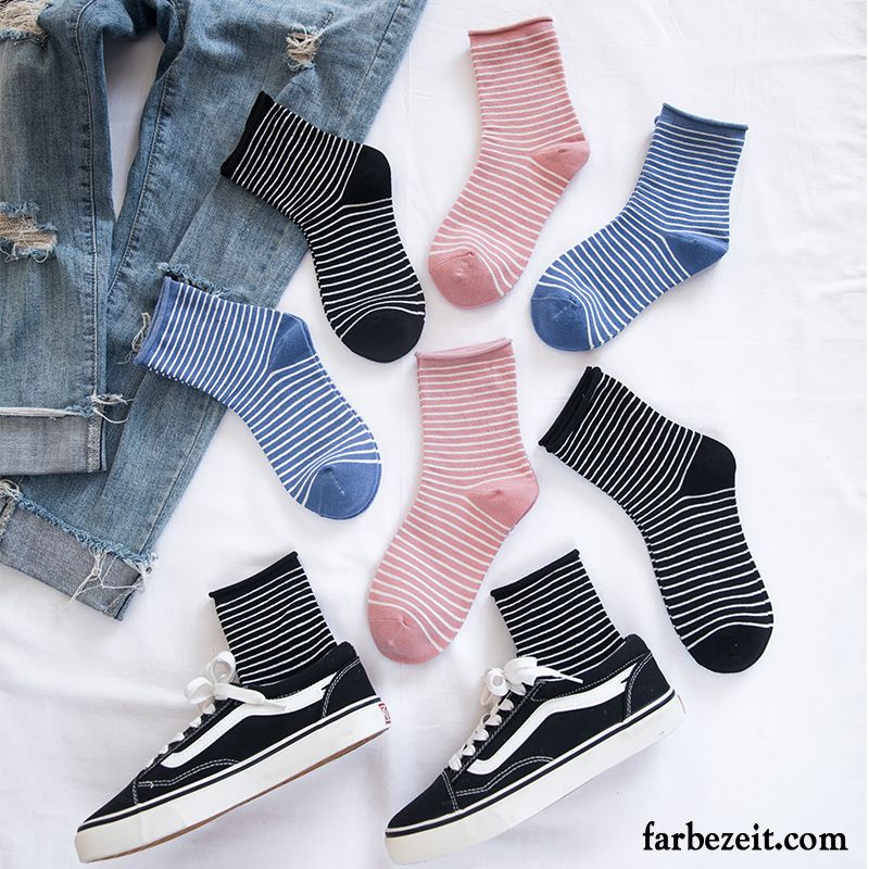 Socken Damen Swag Mid Frühling Streifen Herbst All Match Schwarz