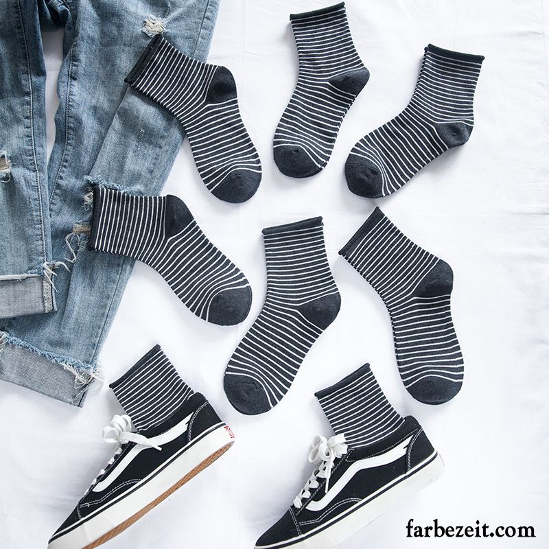 Socken Damen Swag Mid Frühling Streifen Herbst All Match Schwarz