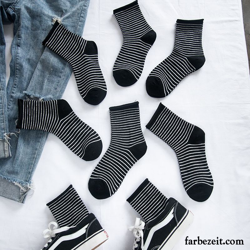 Socken Damen Swag Mid Frühling Streifen Herbst All Match Schwarz