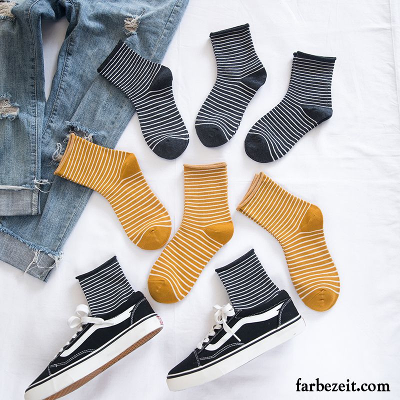 Socken Damen Swag Mid Frühling Streifen Herbst All Match Schwarz