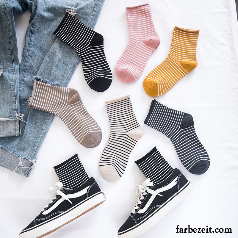 Socken Damen Swag Mid Frühling Streifen Herbst All Match Schwarz