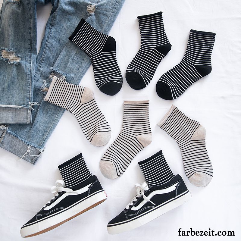 Socken Damen Swag Mid Frühling Streifen Herbst All Match Schwarz