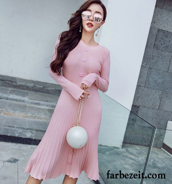 Sommerkleider Online Kaufen Damen Dünn Herbst Elastisch Langer Abschnitt Strickkleid Rosa Schlank Falten Billig