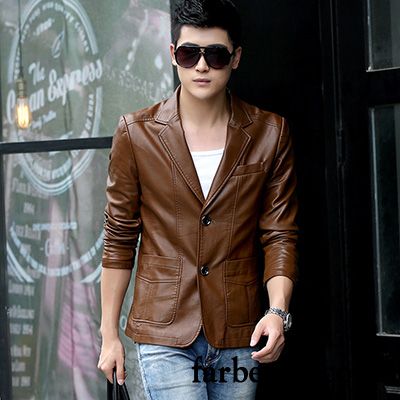 Sommerlederjacke Herren Beige Jugend Lederjacke Rote Kurzer Absatz Schlank Trend Herbst Überzieher Anzüg Günstig