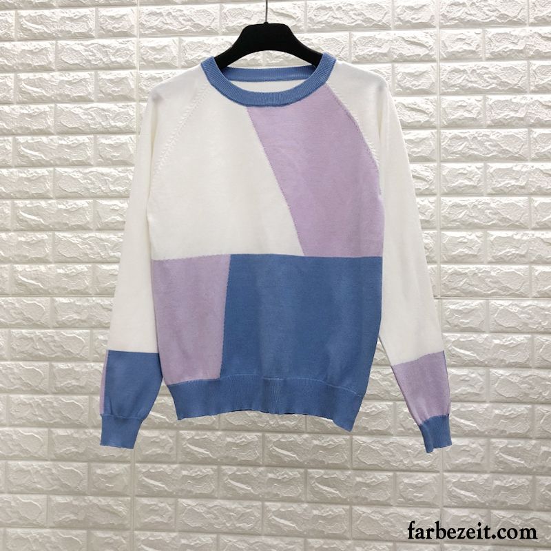 Sommerpullover Damen Rundausschnitt Frisch Mischfarben Allgleiches Herbst Unteres Hemd Blau Neu Strickwaren Pullover Schlank Verkaufen