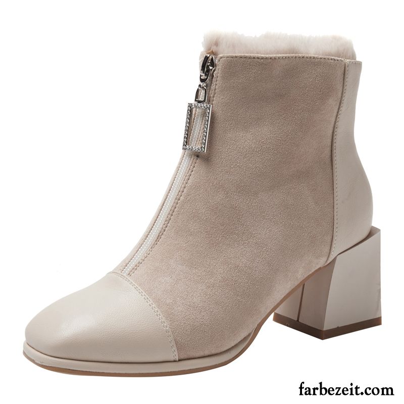 Stiefel Damen Allgleiches Kurze Stiefel Hochhackigen Vierkantkopf Plus Samt Reißverschluss Beige Rot