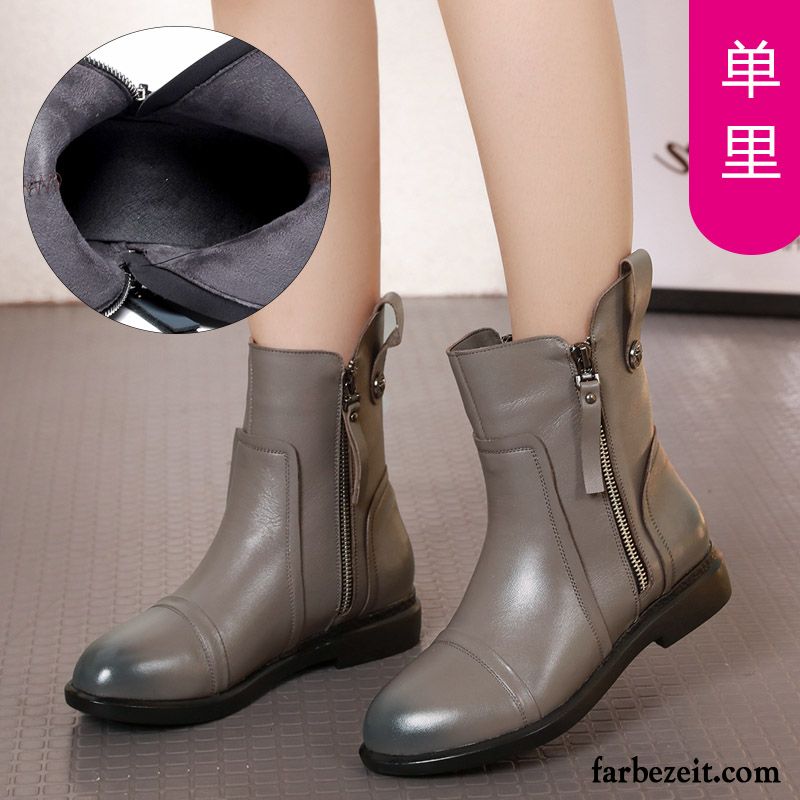 Stiefel Damen Große Größe Echtleder Kurze Stiefel Feder Flache Schuhe Braun