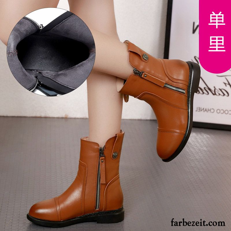 Stiefel Damen Große Größe Echtleder Kurze Stiefel Feder Flache Schuhe Braun