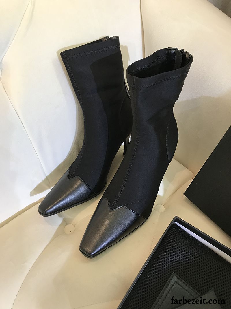 Stiefel Damen Spleißen Neue Retro Elastizität Vierkantkopf Kurze Stiefel Schwarz