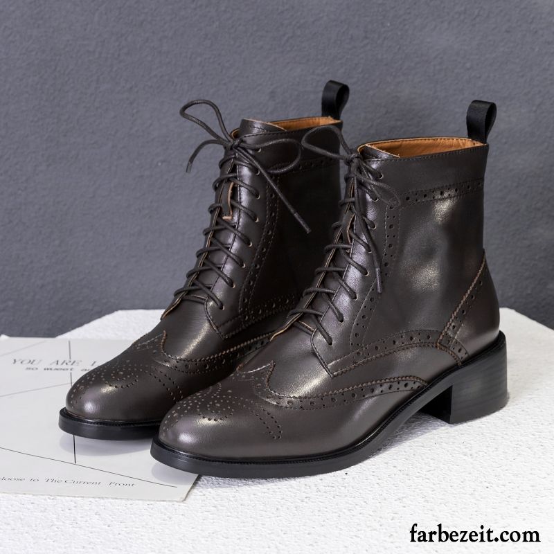 Stiefel Hellbraun Damen Kurze Stiefel Winter Herbst Martin Stiehlt Schwarz Feder Echtleder Neue Retro Schnürung England Verkaufen