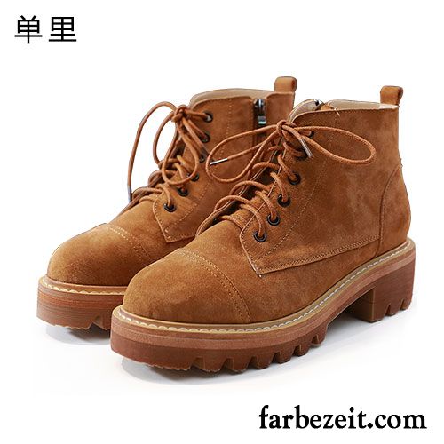 Stiefeletten Braun Leder Damen Martin Stiehlt Reißverschluss Neue Herbst Plus Samt England Kurze Echtleder Dick Winter Gefrostet Billig