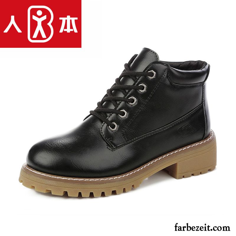 Stiefeletten Braun Leder Damen Herbst Casual Martin Stiehlt Schnürung Thermische Flache Plus Samt Retro Winter Günstig