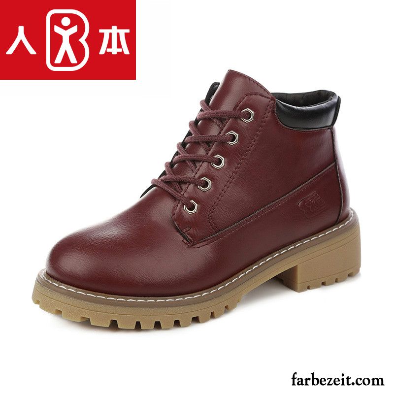 Stiefeletten Braun Leder Damen Herbst Casual Martin Stiehlt Schnürung Thermische Flache Plus Samt Retro Winter Günstig