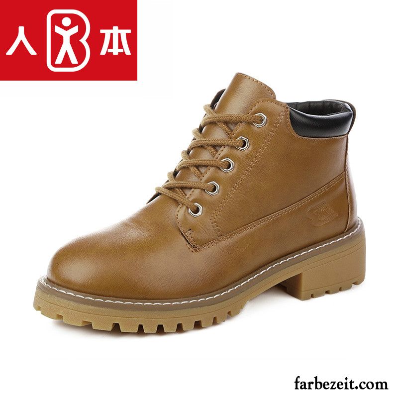 Stiefeletten Braun Leder Damen Herbst Casual Martin Stiehlt Schnürung Thermische Flache Plus Samt Retro Winter Günstig