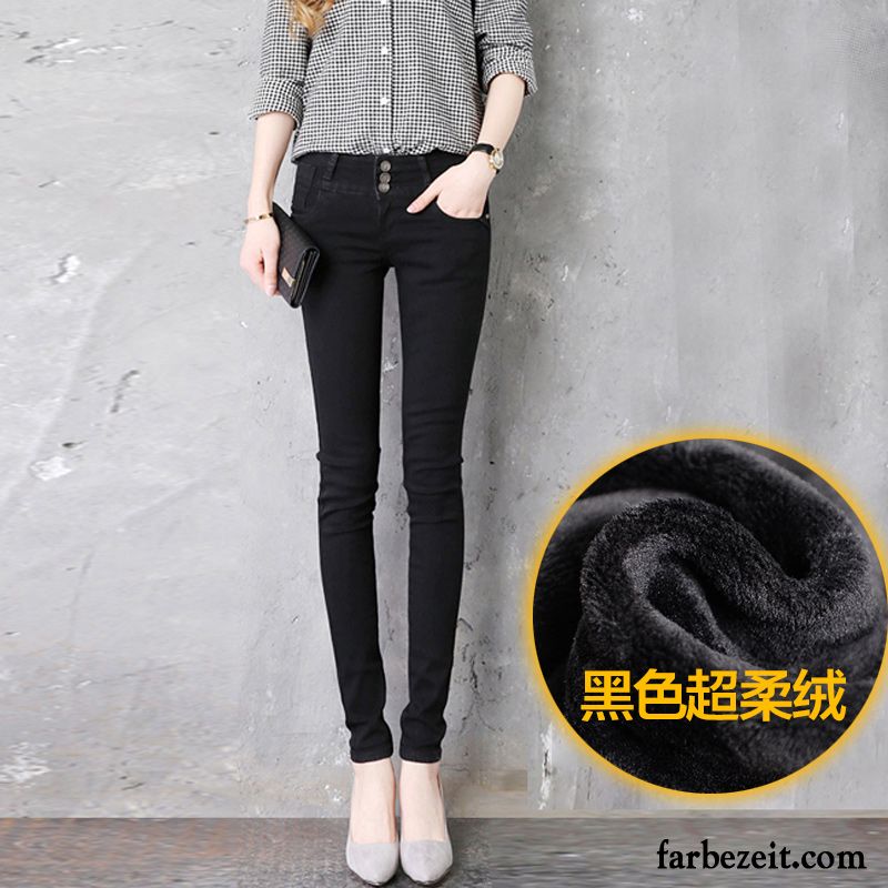 Straight Fit Jeans Damen Neu Hohe Taille Bleistift Hose Dünn Schwarz Trend Winter Jeans Plus Samt Günstig