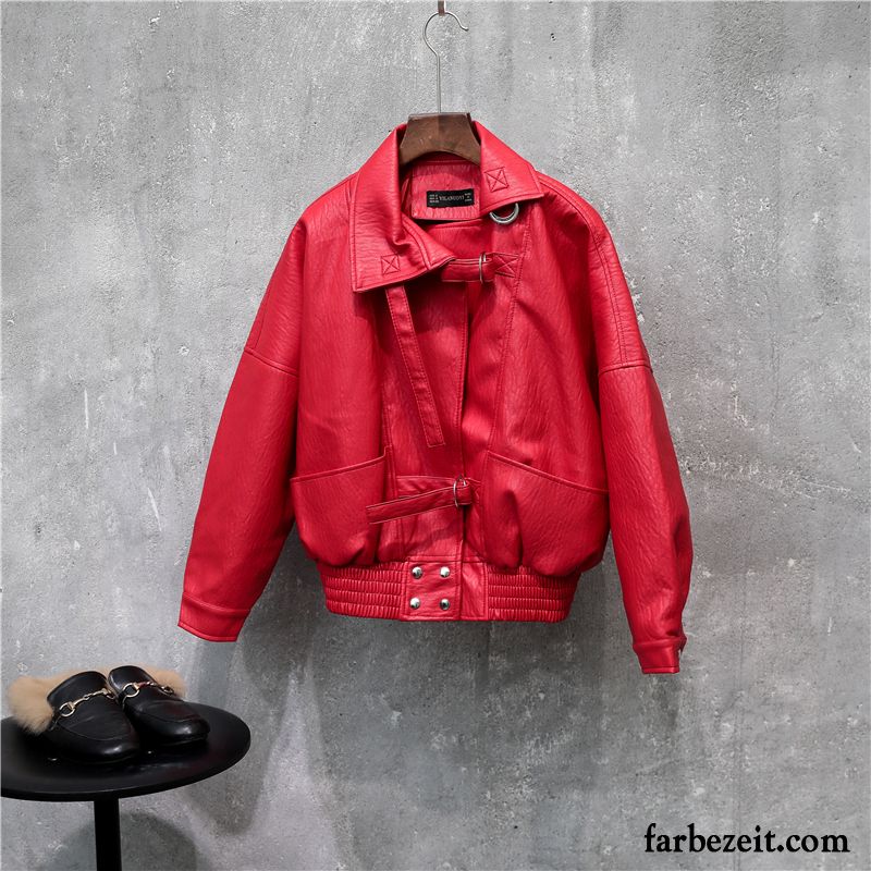 Stretch Lederjacke Damen Lederjacke Schüler Rote Pu Neu Allgleiches Trend Überzieher Herbst Kurzer Absatz Lose Kaufen