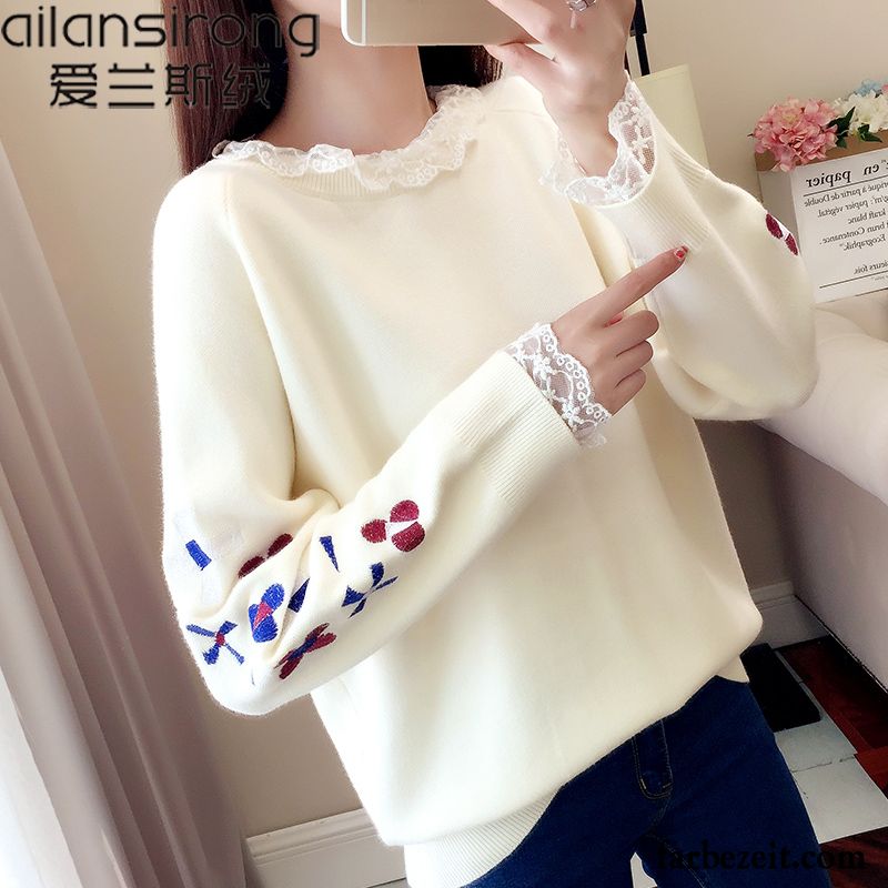 Strickpullover Damen Braun Neu Herbst Spleißen Spitze Stricken Frisch Unteres Hemd Bestickt Rote Winter Lose Pullover Günstig