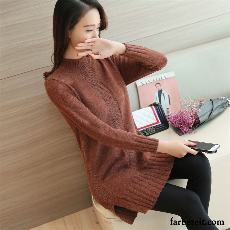 Strickpullover Rot Damen Dünn Herbst Winter Verdickung Langer Abschnitt Rollkragen Lange Ärmel Lose Unteres Hemd Strickwaren Günstig