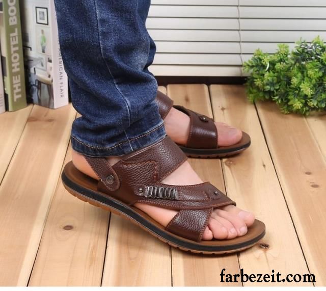 Stylische Sandalen Für Männer Casual Sommer Weiche Sohle Herren Sandalen Rutschsicher Echtleder Neue Lederschue Oxford Sohle Pantolette Strand Schuhe Günstig