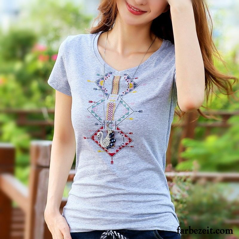 T-shirts Damen Schlank V-ausschnitt Baumwolle Sommer Drucken Halb Ärmel Weiß Grau
