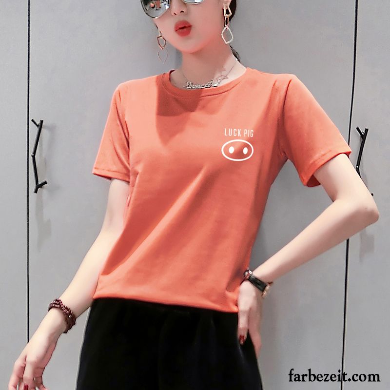 T-shirts Damen Sommer Rundausschnitt Rein Neu Mantel Baumwolle Weiß Orange