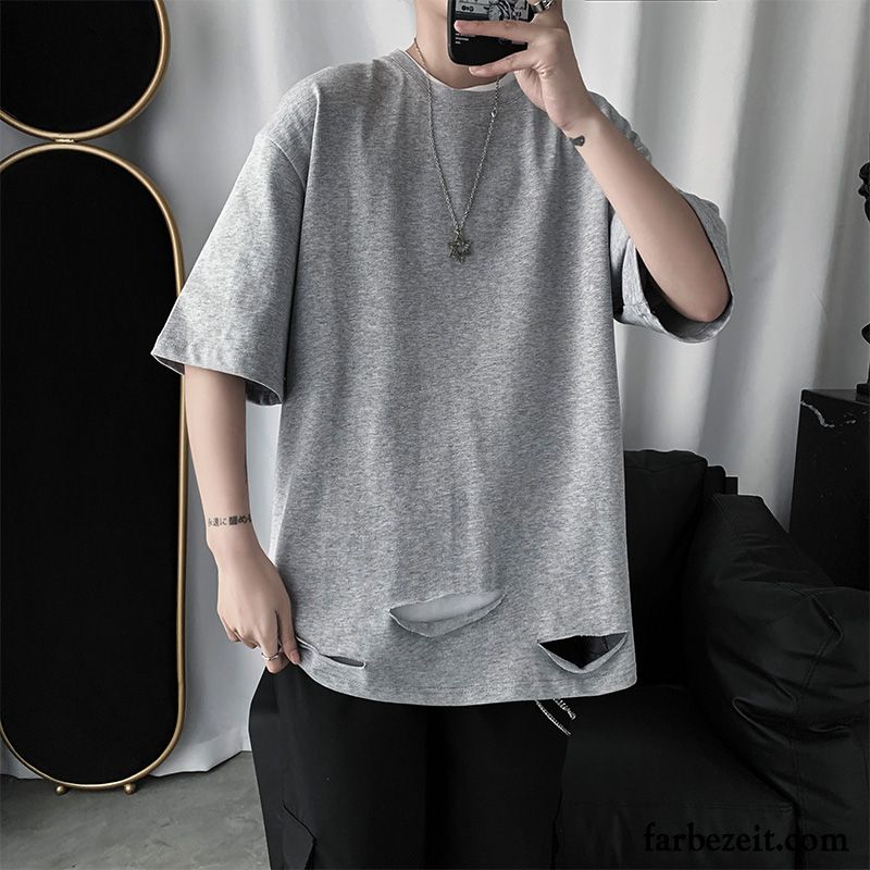 T-shirts Herren Löcher Trend Mantel Sommer Lose Freizeit Weiß