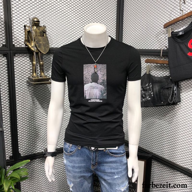 T-shirts Herren Sommer Trend Schlank Halb Ärmel Rundhals Unteres Hemd Schwarz