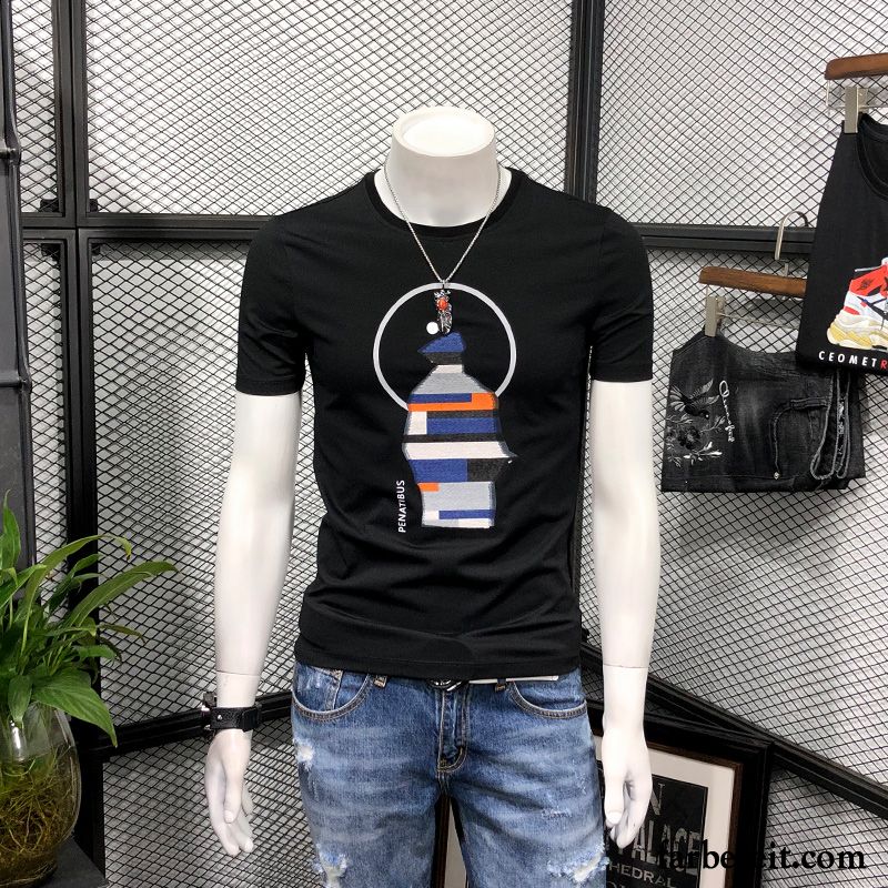 T-shirts Herren Trend Elastisch Neu Halb Ärmel Sommer Schlank Schwarz