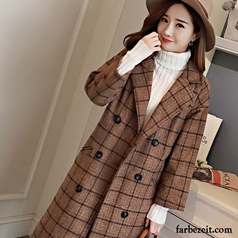 Trenchcoat Damen Rosa Gitter Mäntel Wolle Neu Herbst Retro Winter Langer Abschnitt Lose Überzieher Grün Günstig