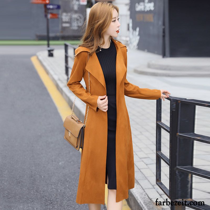 Trenchcoat Damen Wolle Dünn Herbst Feder Schlank Langer Abschnitt Revers Mäntel Trend Überzieher Neu Groß Günstig