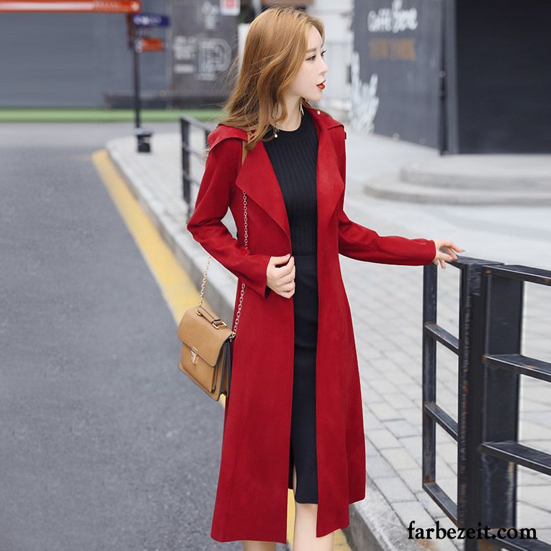 Trenchcoat Damen Wolle Dünn Herbst Feder Schlank Langer Abschnitt Revers Mäntel Trend Überzieher Neu Groß Günstig