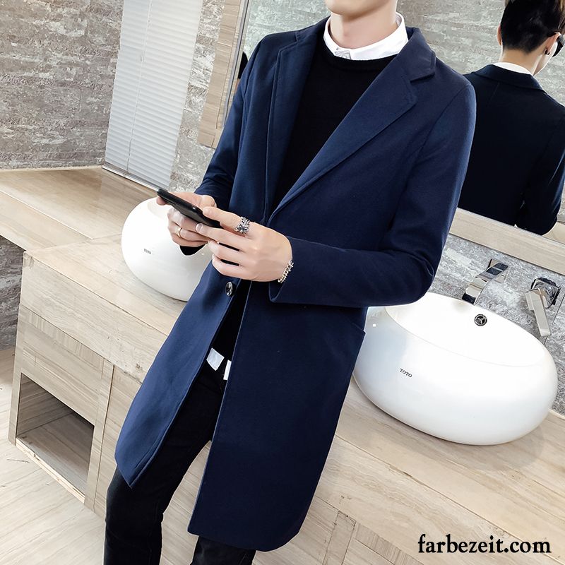 Trenchcoat Herren Blau Wolle Überzieher Neu Schlank Trend Rein Herbst Mäntel Langer Abschnitt Günstig