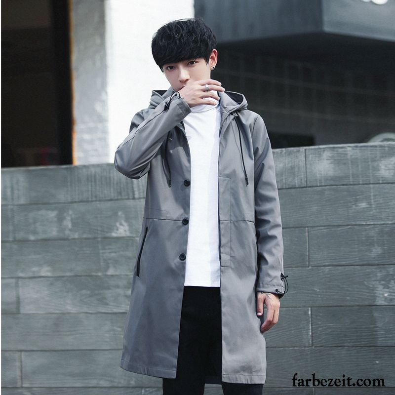 Trenchcoat Herren Lang Neu Mit Kapuze Mäntel Überzieher Langer Abschnitt Herbst Freizeit Feder Grau Trend Sale