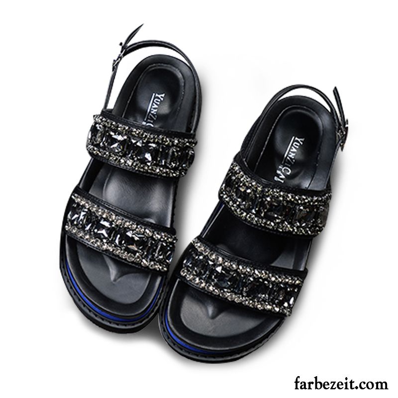 Wandersandalen Damen Strasssteine Sommer Plateauschuhe Trend Flache Neue Dicke Sohle Wasserdichte Plattform Schwarz Sandalen Günstig