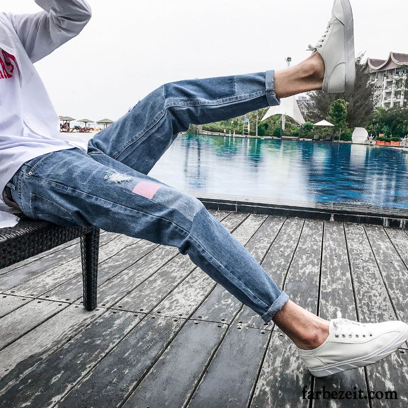 Weiße Jeans Herren Slim Fit Trend Jeans Sommer Löcher Schlank Schmales Bein Lose Blau Hose