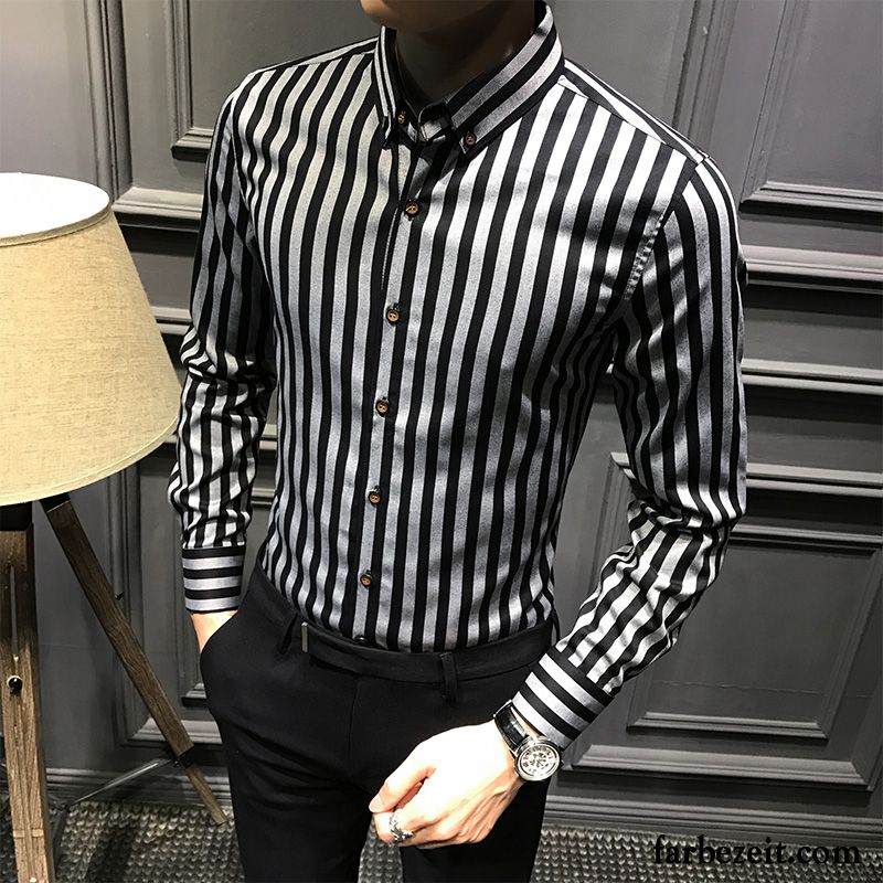 Weißes Hemd Slim Fit Schlank Herbst Streifen Herren Freizeit Allgleiches Trend Groß Lange Ärmel Hemden Billig