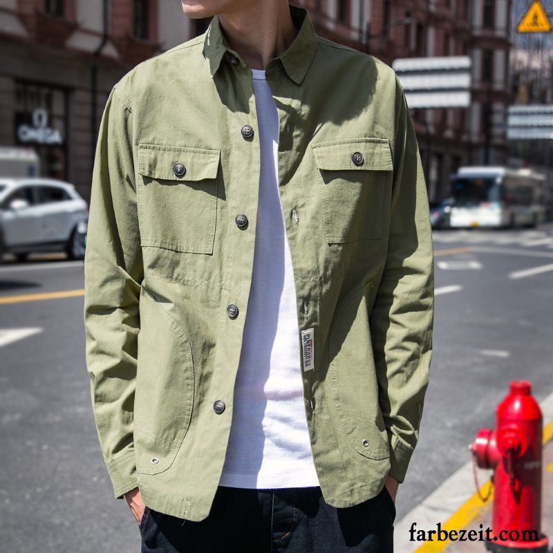 Weißes Hemd Slim Fit Trend Feder Hemd Schlank Freizeit Jugend Herren Neu Militärgrün Überzieher Werkzeugbau Lange Ärmel Herbst Hemden Günstig