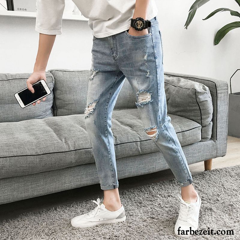 Jeans Herren Schwarz Neu Waschen Hose Löcher Hell Schmales Bein Schlank Neunte Hose Grau Jeans Allgleiches Trend Kaufen