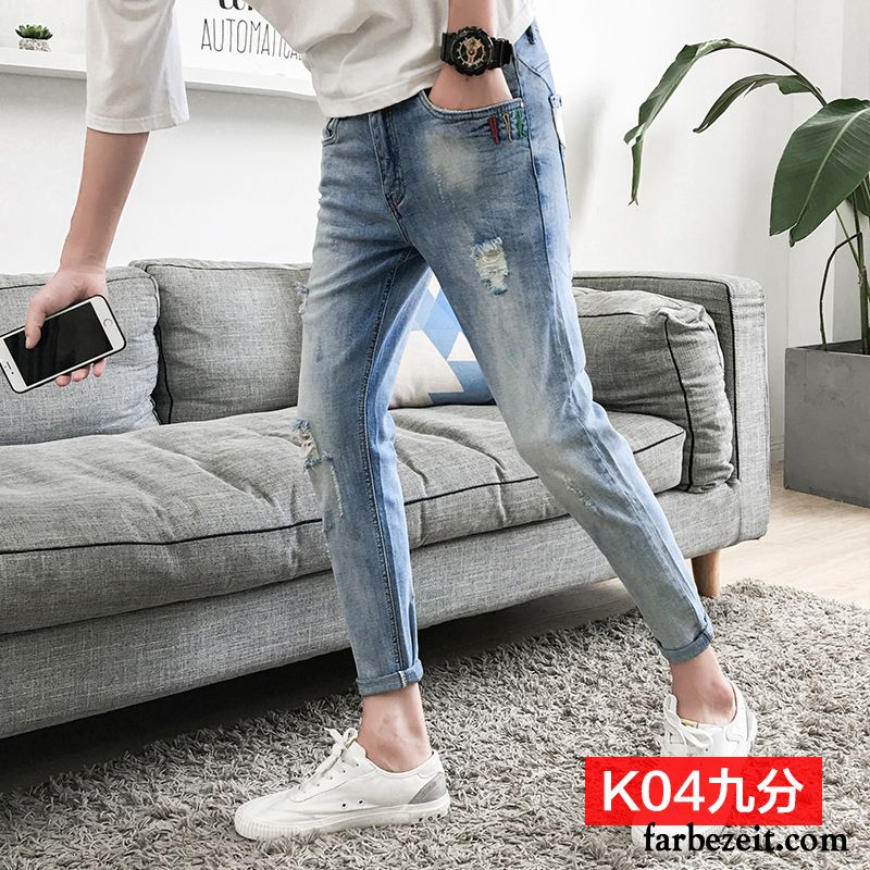 Jeans Herren Schwarz Neu Waschen Hose Löcher Hell Schmales Bein Schlank Neunte Hose Grau Jeans Allgleiches Trend Kaufen