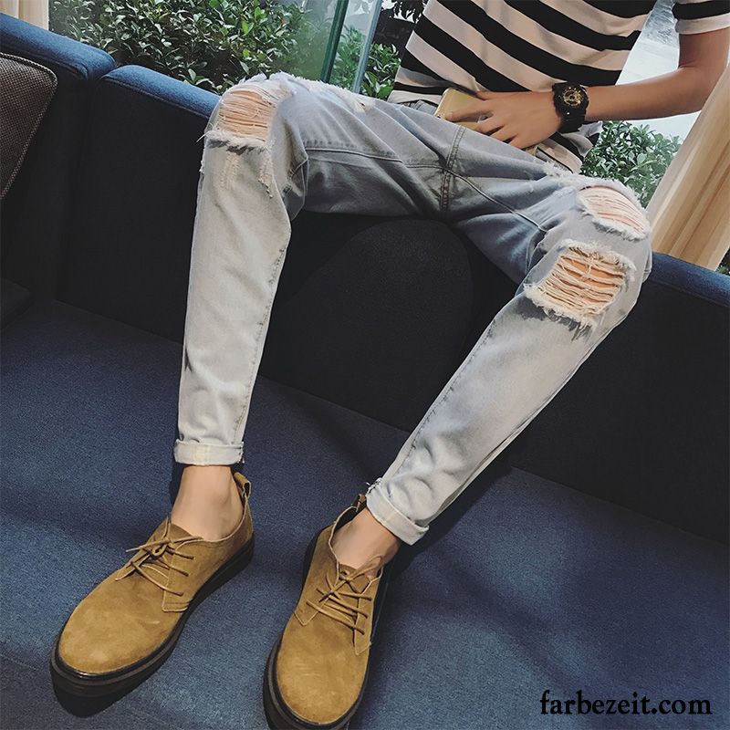 Jeans Herren Schwarz Neu Waschen Hose Löcher Hell Schmales Bein Schlank Neunte Hose Grau Jeans Allgleiches Trend Kaufen